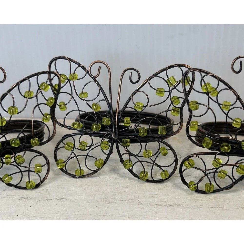 Set of 4 Butterfly Napkin Rings Green Beads Brown Wire Spring Table Decor